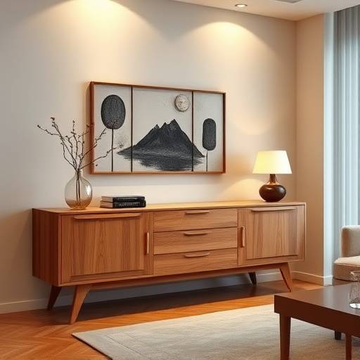 Aparador de madeira com design elegante e espaäo de armazenamento, ideal para halls de entrada e salas de estar.