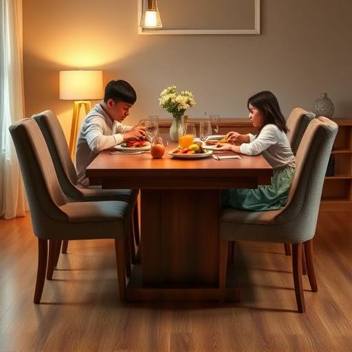 Mesa de jantar de madeira maciäa com seis cadeiras estofadas, ideal para refeiäões em família.